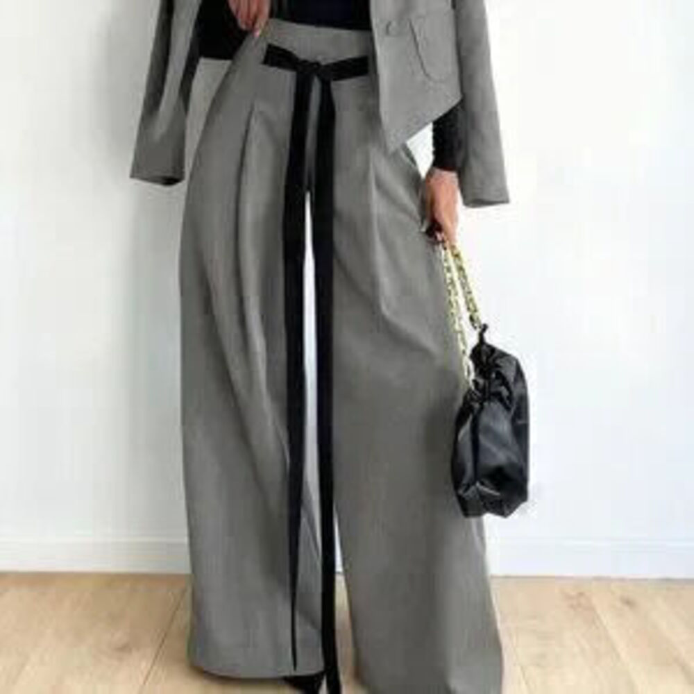 Elegant Grey Women's Blazer Jacket & Wide Leg Pants 2-Piece Set - Picture 3 of 3